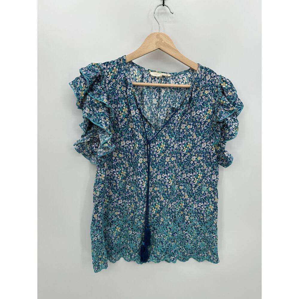 Solitaire Women Blue Floral Ruffle Sleeve Boho Tassel Blouse Eyelet Hem‎ Size M